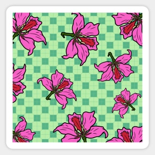 Hong Kong Bauhinia with Mint Green Tile Floor Pattern - Summer Flower Pattern Sticker